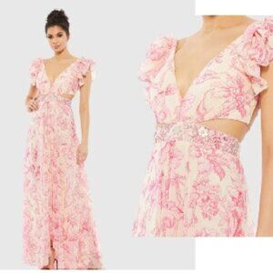 NWT MAC DUGGAL 9161PINK Floral Ruffle Shoulder Empire Waist Lace up Back sz 8